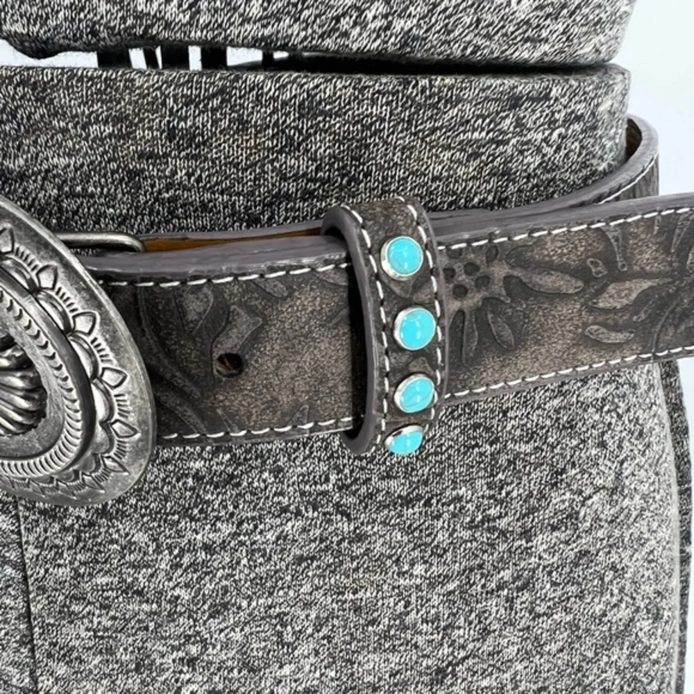 Angel Ranch Brown leather Distressed embossed Floral Turquoise Studs Belt